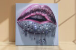 Metallic pink and crystal rhinestone lips digital art, bold glamour wall art canvas for bedroom or dressing room