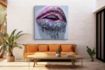 Metallic pink and crystal rhinestone lips digital art, bold glamour wall art canvas for bedroom or dressing room