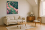Aerial winding path through pink flowering bushes and dark green canopy, romantic illustration-style square canvas print