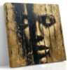Close-up face with closed eyes in warm gold and near-black, dramatic drip strokes, portrait oil painting wall art canvas