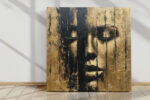 Close-up face with closed eyes in warm gold and near-black, dramatic drip strokes, portrait oil painting wall art canvas