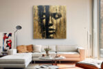 Close-up face with closed eyes in warm gold and near-black, dramatic drip strokes, portrait oil painting wall art canvas
