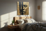 Close-up face with closed eyes in warm gold and near-black, dramatic drip strokes, portrait oil painting wall art canvas