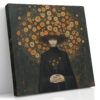 Shadowed figure with marigold flower crown, burnt orange and gold blooms on dark background, romantic portrait canvas