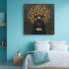Shadowed figure with marigold flower crown, burnt orange and gold blooms on dark background, romantic portrait canvas