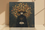 Shadowed figure with marigold flower crown, burnt orange and gold blooms on dark background, romantic portrait canvas