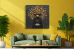 Shadowed figure with marigold flower crown, burnt orange and gold blooms on dark background, romantic portrait canvas