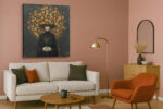 Shadowed figure with marigold flower crown, burnt orange and gold blooms on dark background, romantic portrait canvas