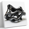 Glossy black abstract sculpture with looping voids on white background, bold minimalist wall art canvas for living room