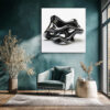 Glossy black abstract sculpture with looping voids on white background, bold minimalist wall art canvas for living room