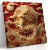 Dragon with chrysanthemums and wave motifs in crimson and gold, maximalist East Asian square canvas wall art