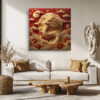 Dragon with chrysanthemums and wave motifs in crimson and gold, maximalist East Asian square canvas wall art