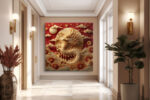 Dragon with chrysanthemums and wave motifs in crimson and gold, maximalist East Asian square canvas wall art