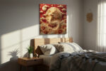 Dragon with chrysanthemums and wave motifs in crimson and gold, maximalist East Asian square canvas wall art