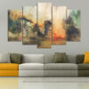 This five-piece canvas set features abstract organic shapes in warm earth tones - soft beige, terracotta, cream, and muted brown