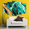 Five connected panels show turquoise marble with white and teal veining running across the composition