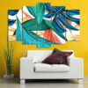 Five panels showcase large tropical leaves in vivid greens, yellows, and reds