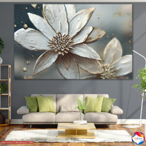 Weiße Blüten auf zartem Beige-Leinwanddruck