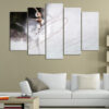 Five canvas panels show clusters of pink roses with cream-toned petals and fresh green leaves