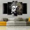 A serene Buddha statue rendered across five connected panels in warm amber, bronze, and deep shadow tones