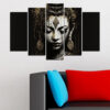 A Buddha figure in meditation pose split across five vertical panels