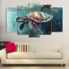 Two sea turtles glide through clear turquoise water in this five-panel canvas set