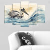 This five-panel canvas shows ocean waves in shades of blue and white