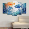 This five-panel canvas shows an underwater scene with light filtering through deep blue water