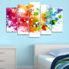 Five connected panels show an abstract butterfly surrounded by stylized flowers in bright, saturated colors