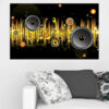 This canvas shows an abstract collage of musical elements - instruments, sheet music fragments