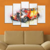 Five connected panels show an abstract retro automobile rendered in warm vintage tones with simplified geometric forms