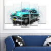 Five-panel canvas print showing an abstract vintage automobile rendered in warm retro tones