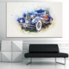 A vintage automobile rendered in abstract geometric forms with retro racing colors