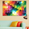 This abstract canvas features a mosaic of vibrant geometric blocks in red, blue, yellow, green, and orange