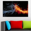 Deze abstract canvas toont kolkende rood-oranje vlammen die ontmoeten met koel blauw water in een vloeiende, organische compositie