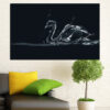 A white swan floats on abstract water rendered in soft blues, whites, and pale grays