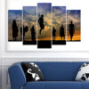 Five connected panels show silhouetted figures against a warm African sunset
