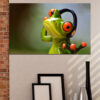 A frog rendered in bright greens, blues, pinks, and yellows