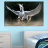 A white horse with fully spread wings fills the frame