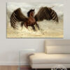 A white Pegasus with outstretched wings soars through a dark, clouded sky
