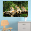 Three tigers rest beneath a sprawling tree, rendered in warm browns, amber, and soft gold