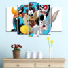 Five connected panels show animated children gathered around drawing paper, rendered in bright primary colors with playful linework