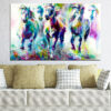 Abstract horses rendered in overlapping bands of vivid color