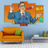 Five connected panels display a bold pop art cartoon graphic in saturated primary colors