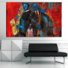 This canvas shows an abstract composition built from warm amber, deep crimson, and gold tones that suggest rhythm and movement