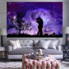Two figures embrace beneath a glowing violet moon suspended in deep space