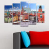 Five connected panels show Warsaw's historic skyline with riverside architecture and urban landmarks
