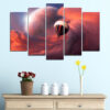 Five connected canvas panels show hot air balloons drifting across an open sky