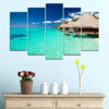 Five connected panels show a tropical bay with turquoise water meeting a clear blue sky