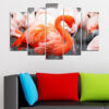 Five connected panels show flamingos wading through shallow water